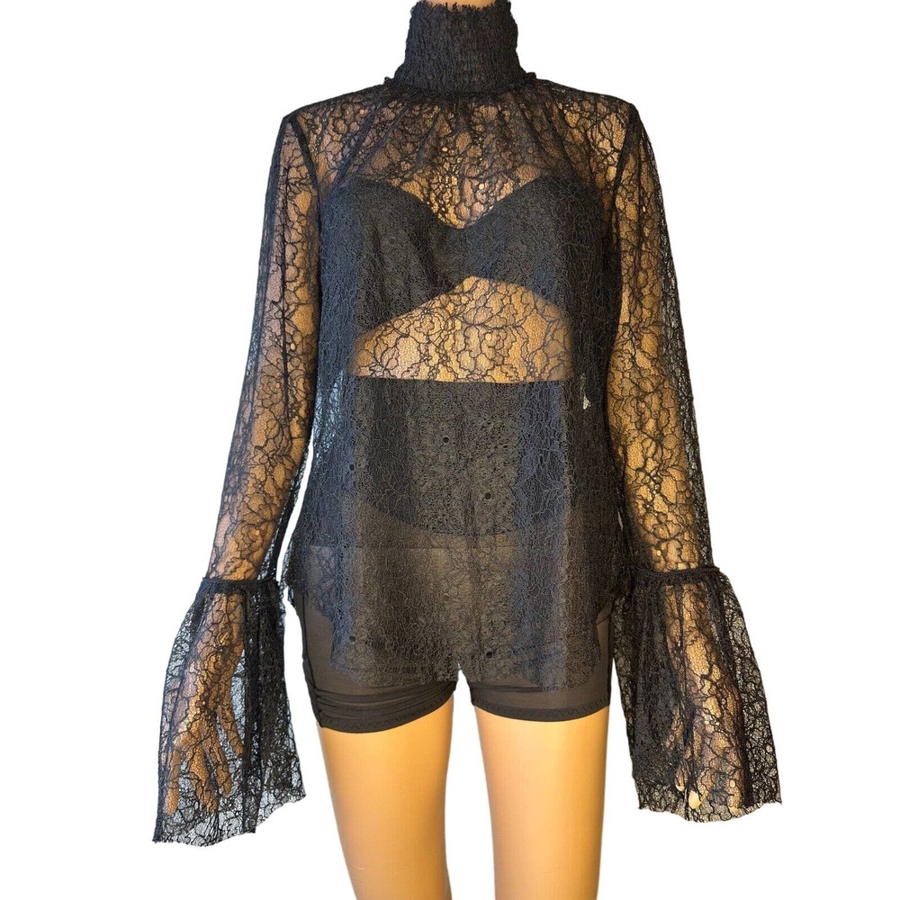 ZARA Black Lace Bohemian Sheer Long Sleeve Top Size Extra Large